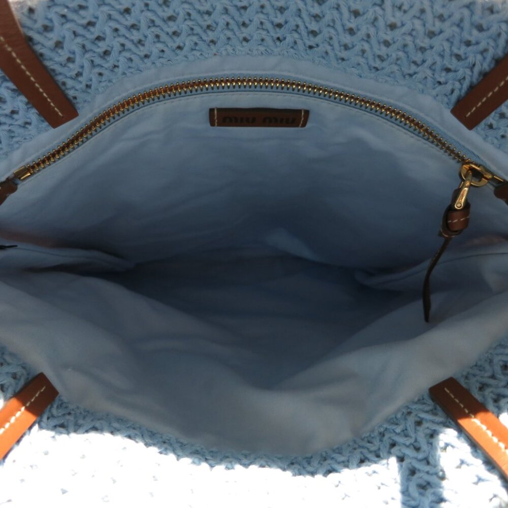 MIU MIU LIght Blue Beige Orange Raffia-Effect Embroidery Vertical Woven Tote Bag - Picture 8 of 9